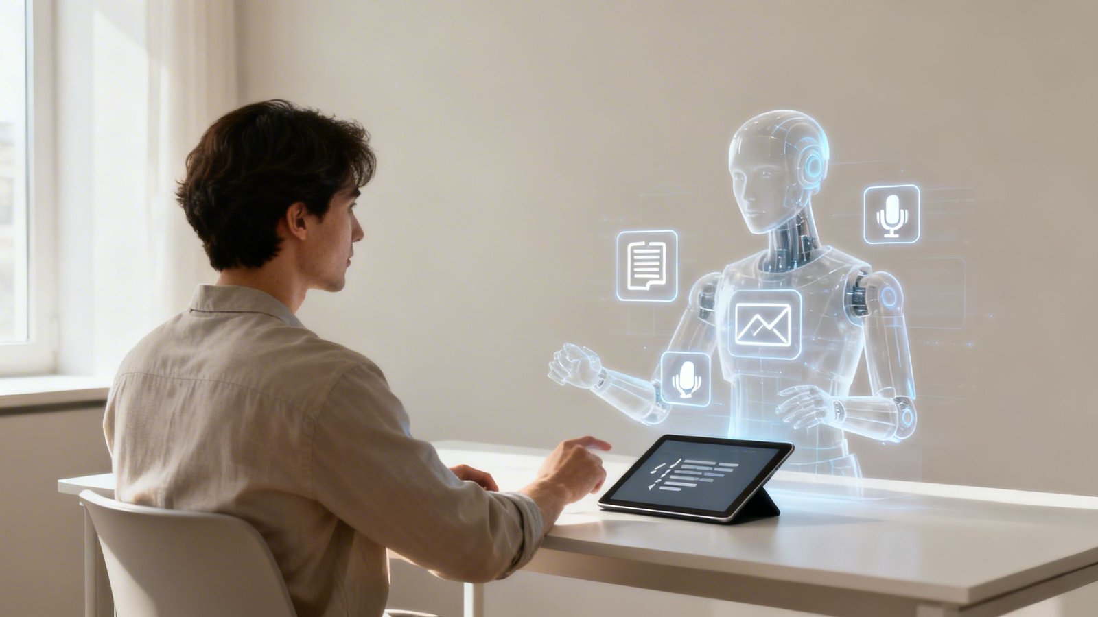 Noor mees vaatab tahvelarvutit ja suhtleb holograafilise tehisintellekti robotiga laua taga.