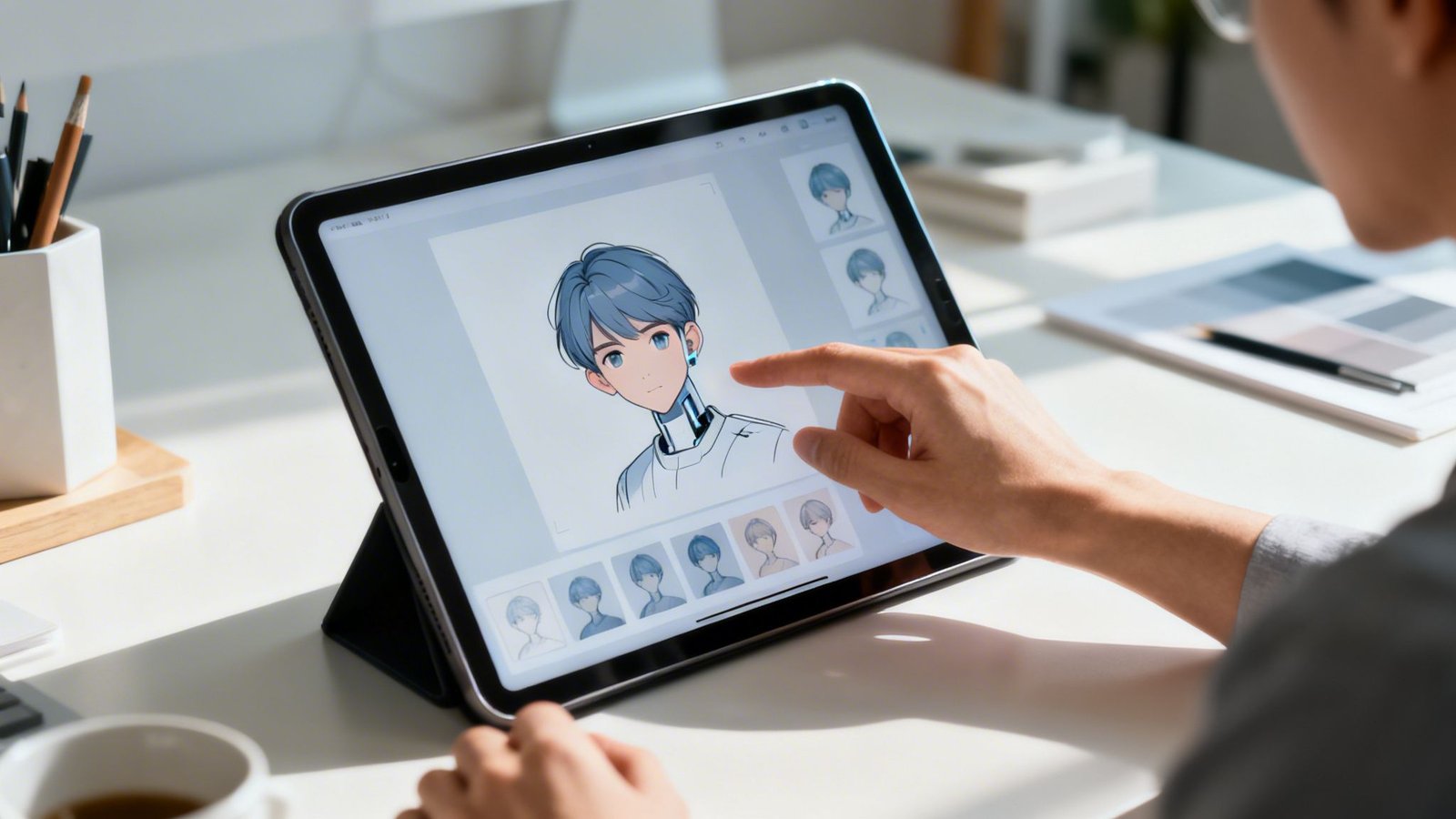 Käsi puudutab tahvelarvuti ekraani, kus generatiivne tehisintellekt loob animeeritud robottegelast.