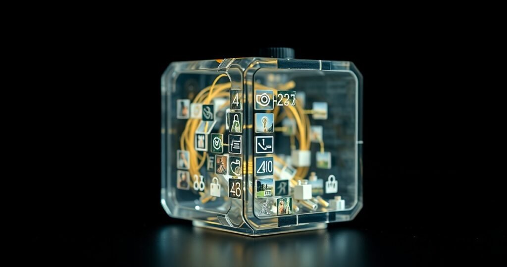 Isomeetriline andmearhitektuuri stiilis pilt Meta AI pildimudelist, andmevoogudest ja lukustatud platvormidest tumedal taustal.
