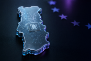 Lähivaates metallist ja klaasist Euroopa kaardikujuline AI-kiip tumedal luksuslikul taustal