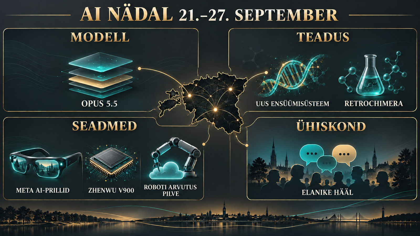 Eestikeelne infograafik eristab seitset AI uudist mudelite, teaduse, seadmete ja avalike teenuste vahel.