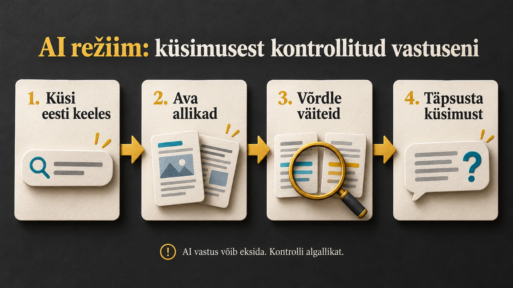 AI režiimi töövoog: küsi eesti keeles, ava allikad, võrdle väiteid ja täpsusta küsimust